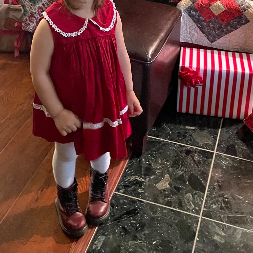 Vintage Red Kids Dress with White Lace Trim